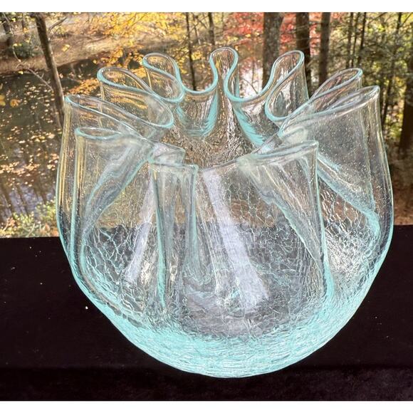 Vtg Aqua Color Crackle Glass Ruffled Crimpled Pinched Pleated Ribbon Glass Bowl - Picture 6 of 11